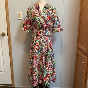JG HOOK Linen Midi Colorful Floral Boho Dress Size 12